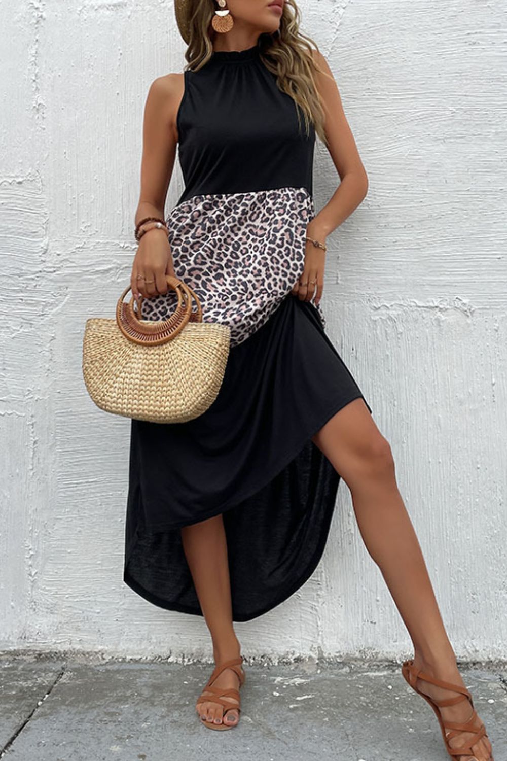Robe longue sans manches à imprimé léopard contrasté Perfee - Les secrets de Cath