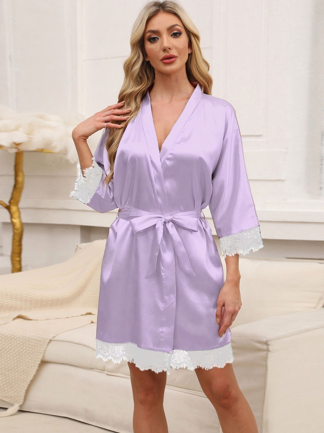 Tied Lace Detail Three-Quarter Sleeve Lounge Nightgown - Les secrets de Cath