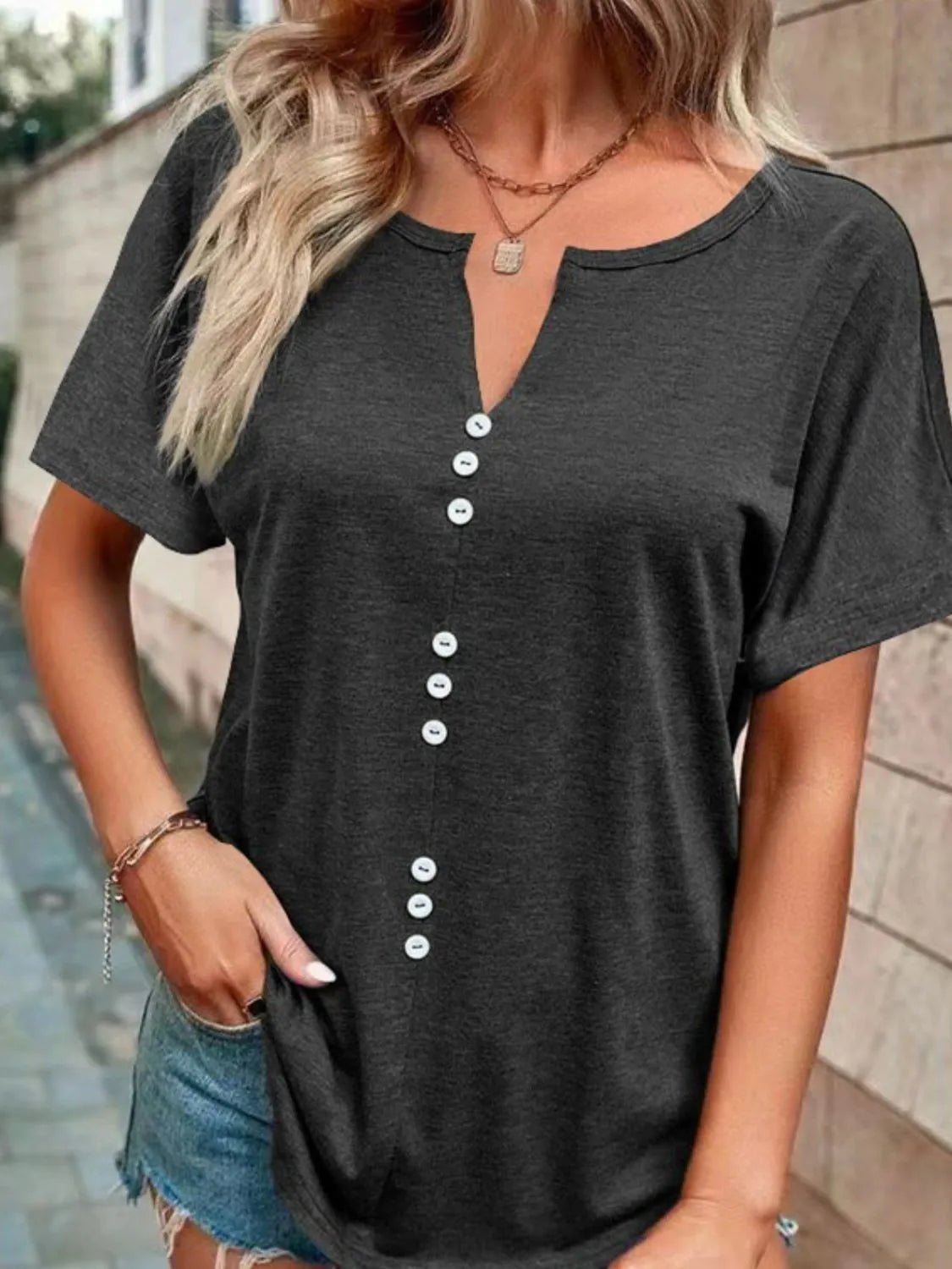 T-shirt à manches courtes cranté grande taille - Les secrets de Cath