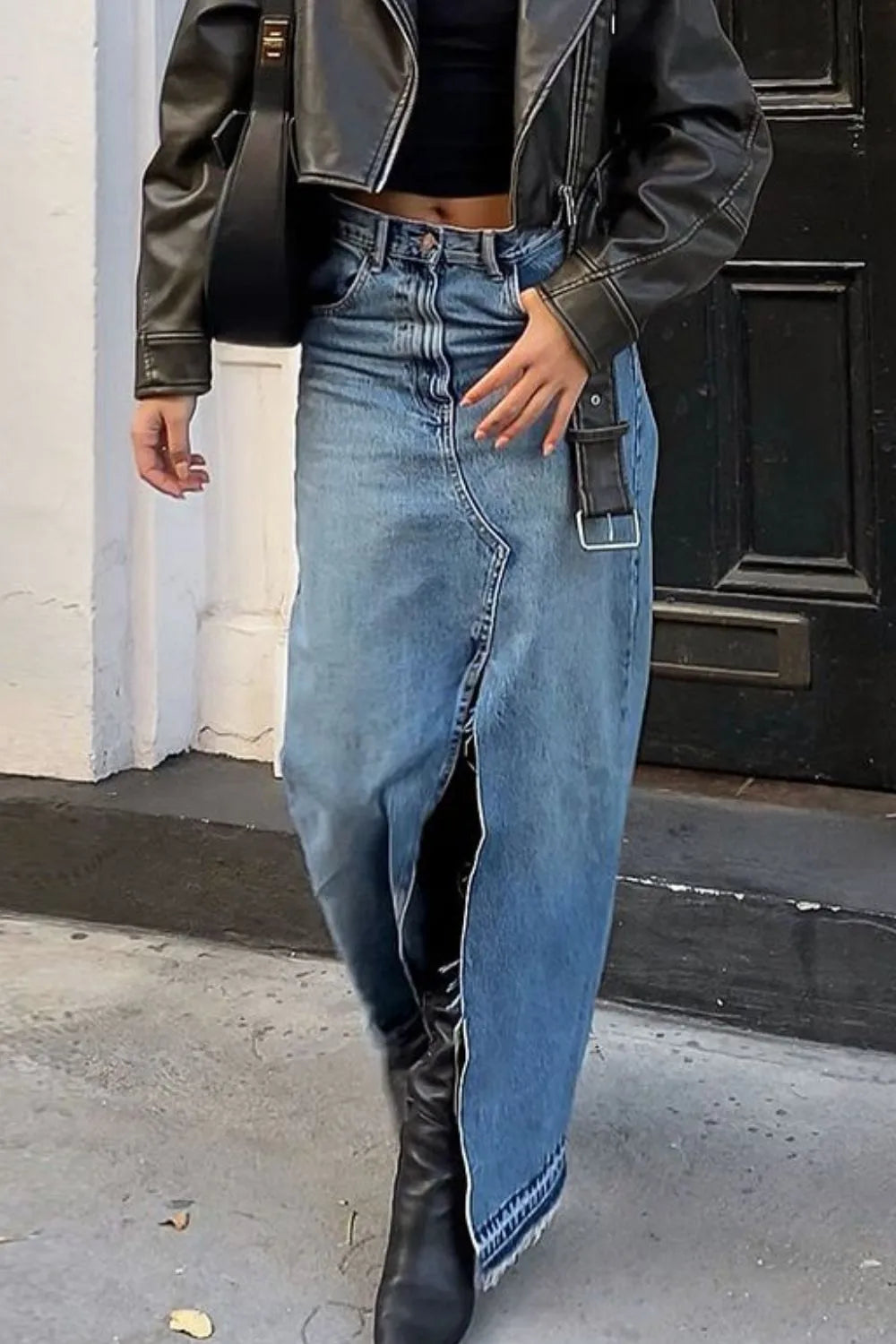 Slit Front Raw Hem Denim Maxi Skirt - Les secrets de Cath