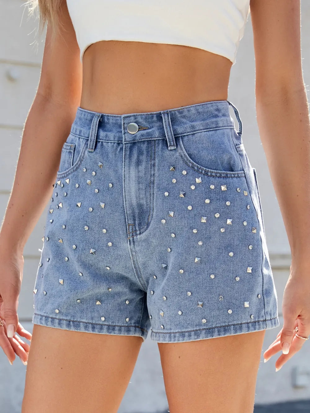 Rhinestone Washed High Waist Denim Shorts - Les secrets de Cath