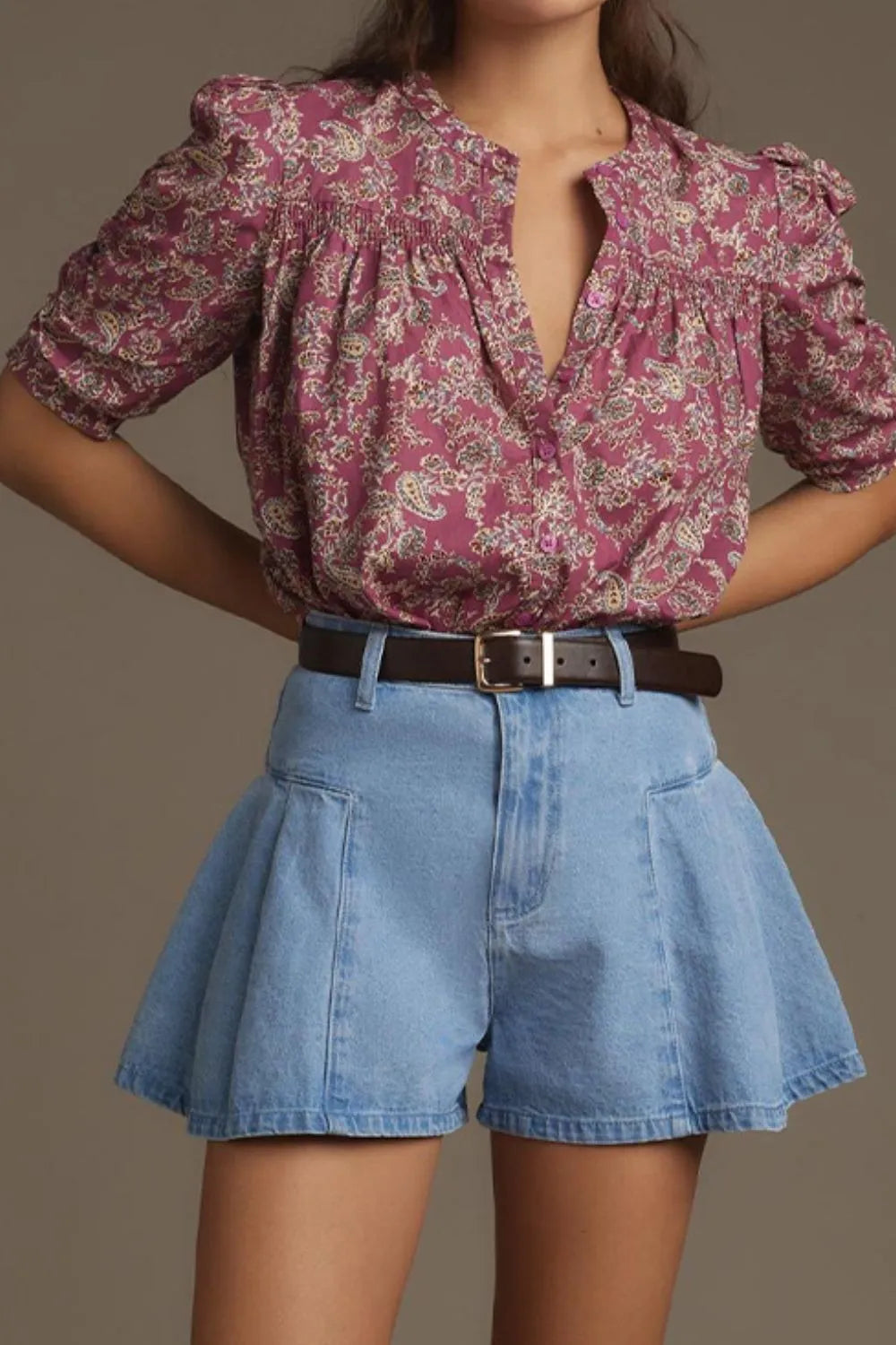 Pleated Patchwork Panel Lightweight Denim Shorts - Les secrets de Cath
