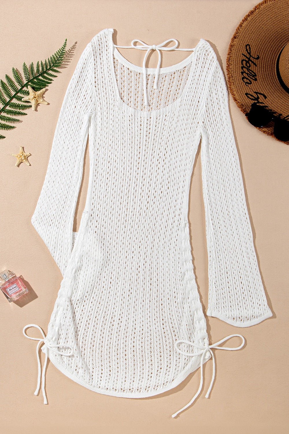 Robe cache-cœur en tricot à manches cloches ajourées et cordon de serrage - Les secrets de Cath
