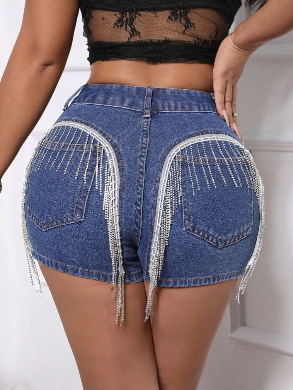 Fringe Back Denim Shorts with Pockets - Les secrets de Cath