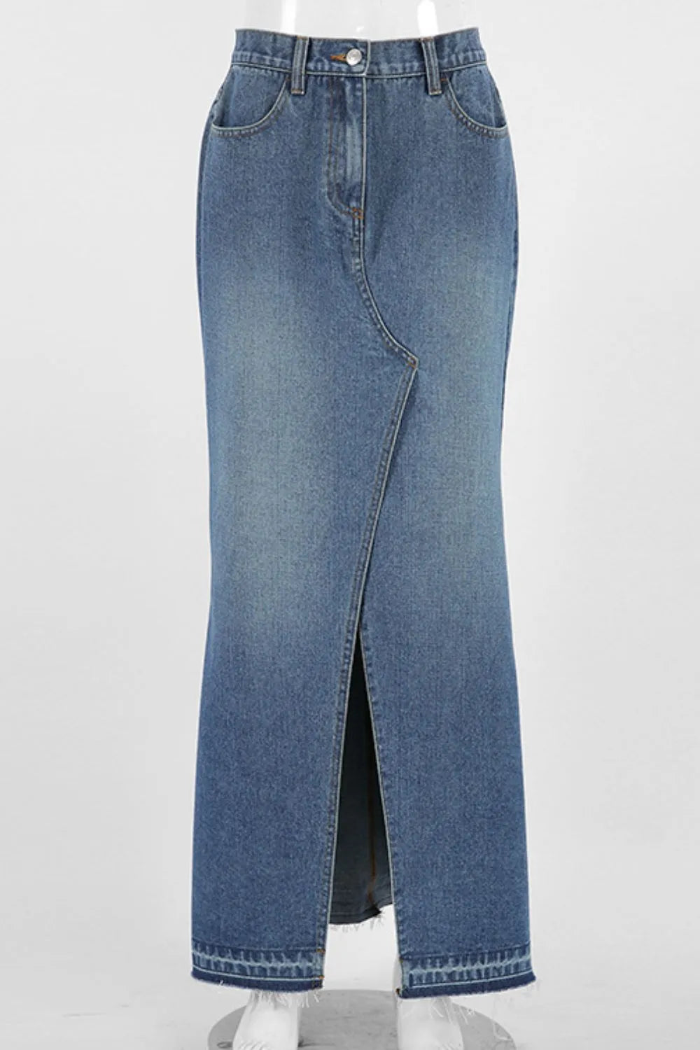 Slit Front Raw Hem Denim Maxi Skirt - Les secrets de Cath
