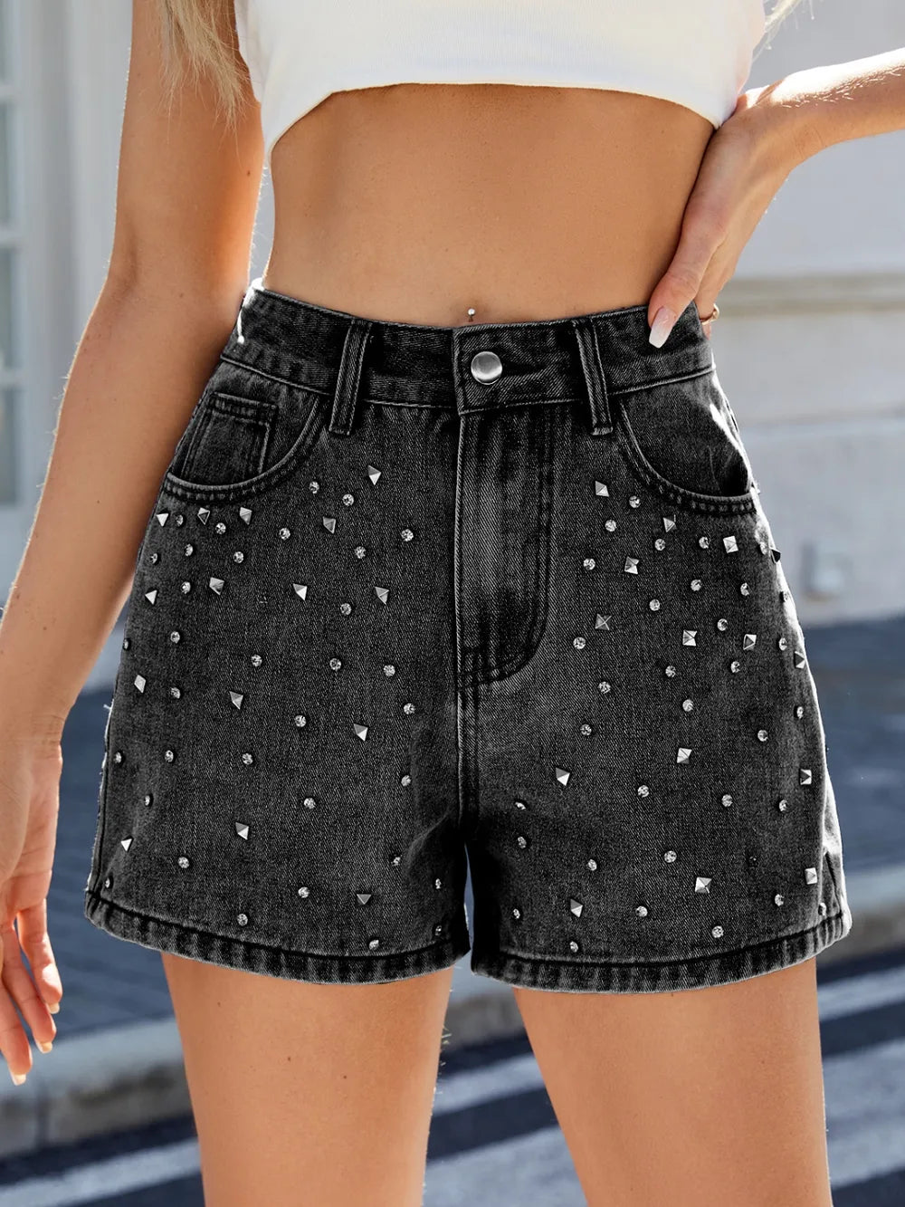 Rhinestone Washed High Waist Denim Shorts - Les secrets de Cath