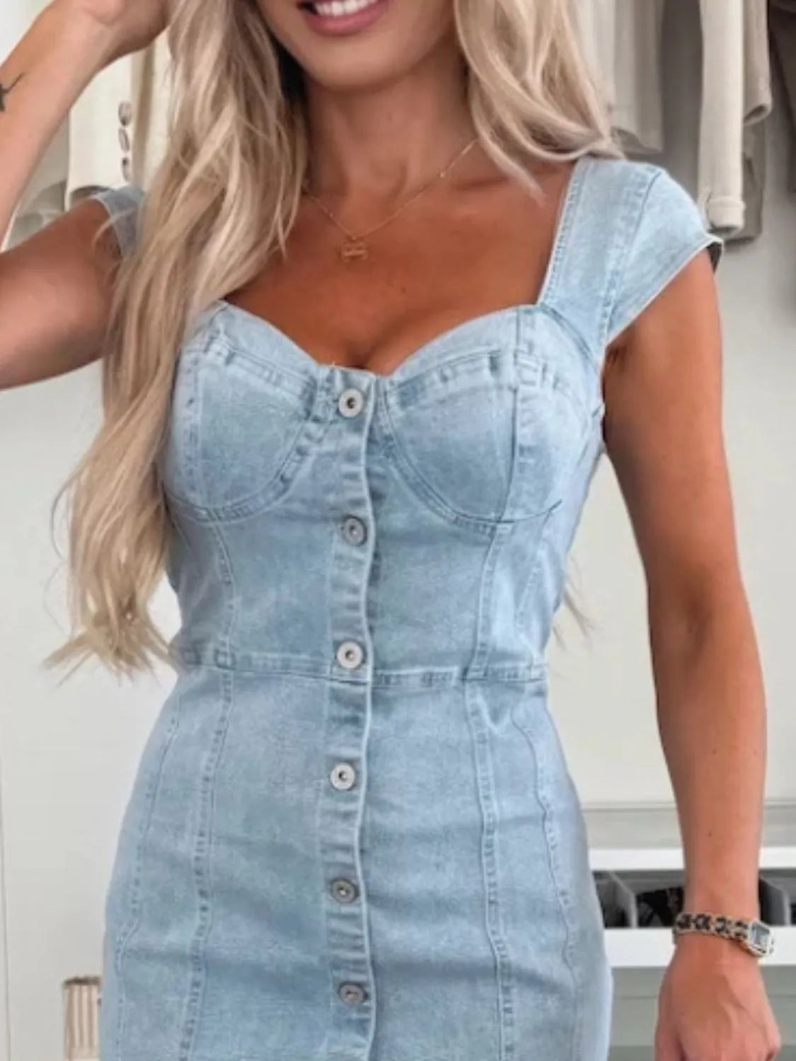 Sweetheart Neck Cap Sleeve Denim Dress - Les secrets de Cath