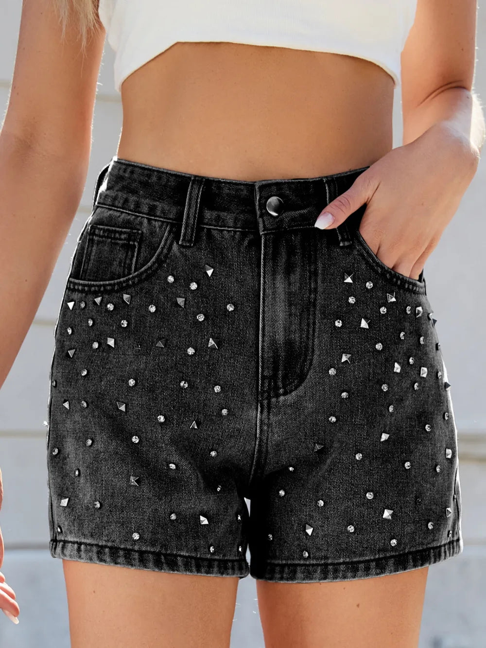 Rhinestone Washed High Waist Denim Shorts - Les secrets de Cath
