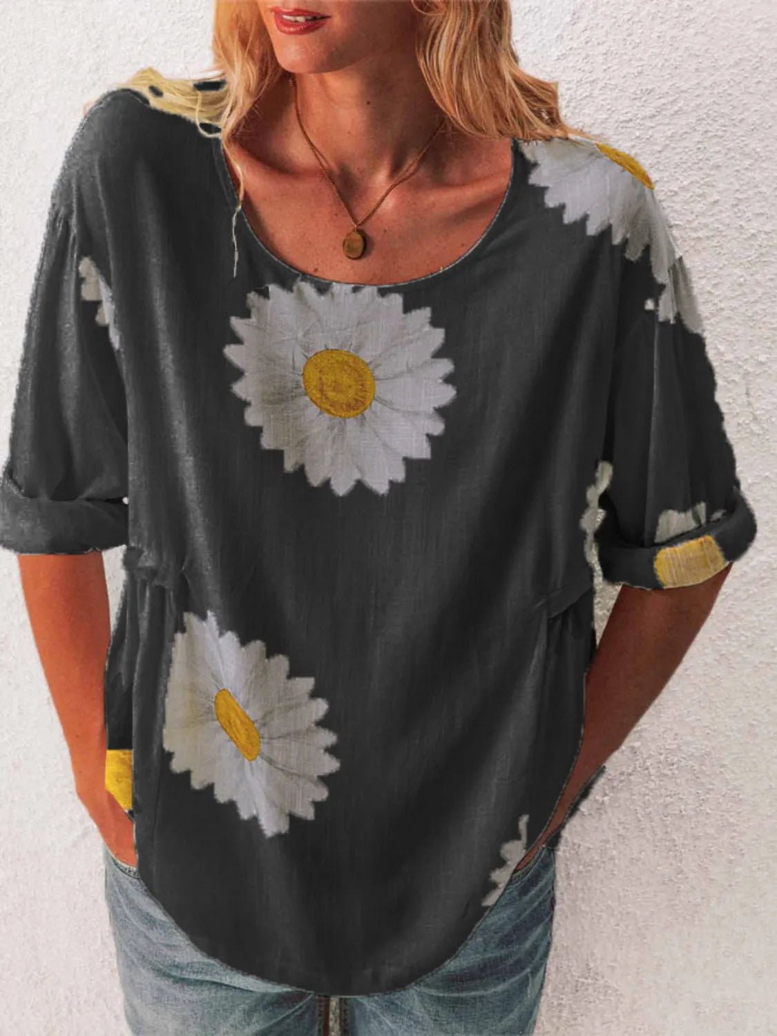 T-shirt à manches courtes et col rond avec imprimé floral - Les secrets de Cath