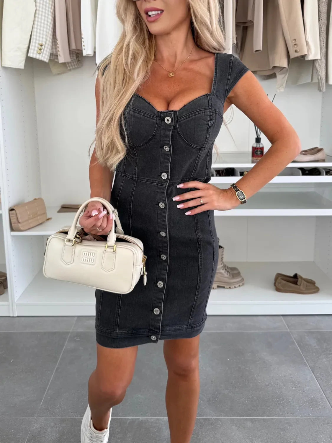 Sweetheart Neck Cap Sleeve Denim Dress - Les secrets de Cath