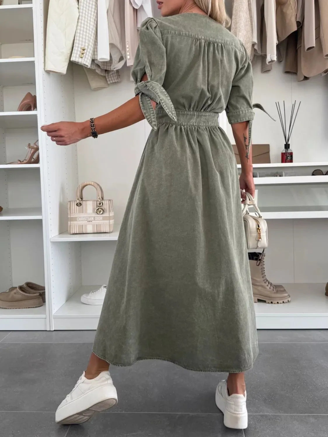 Button Front V-Neck Half Sleeve Denim Dress - Les secrets de Cath