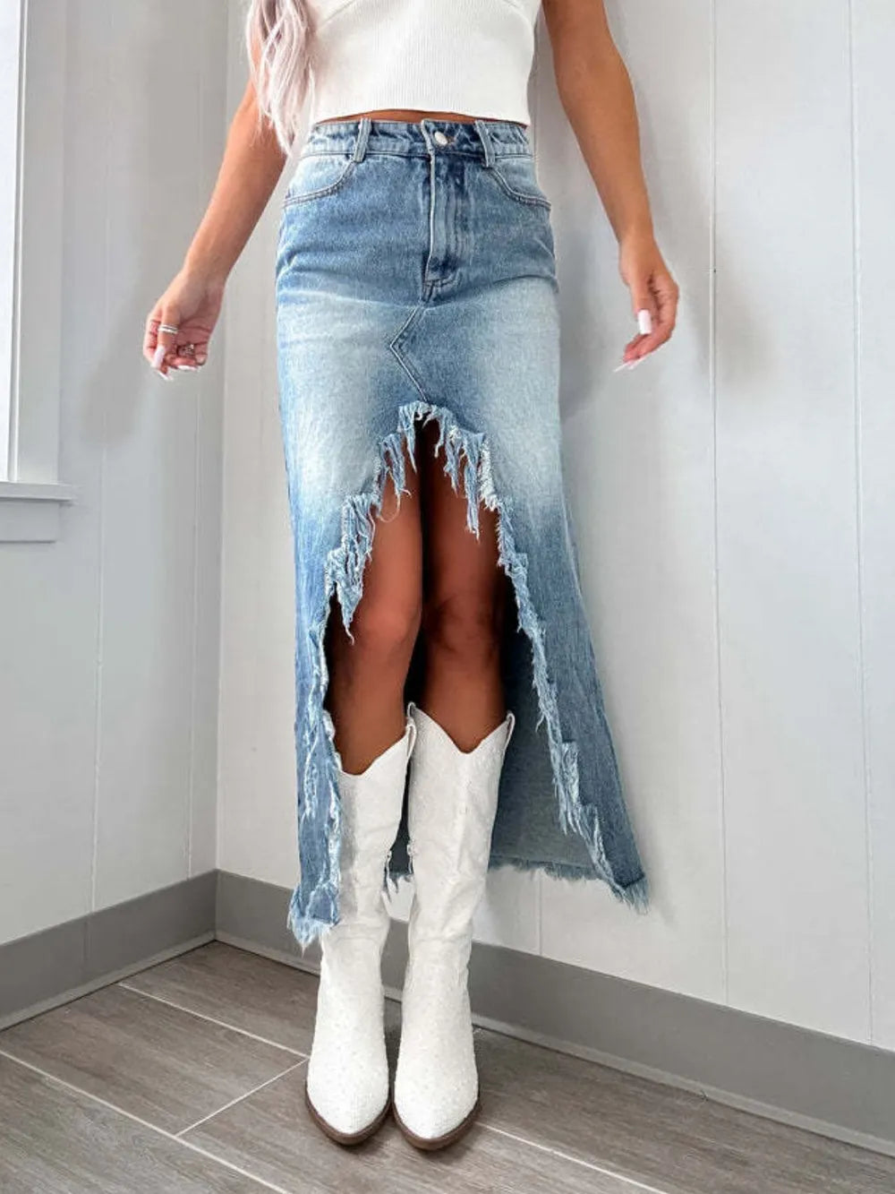 High-Waist Raw Hem Asymmetry Denim Skirt - Les secrets de Cath