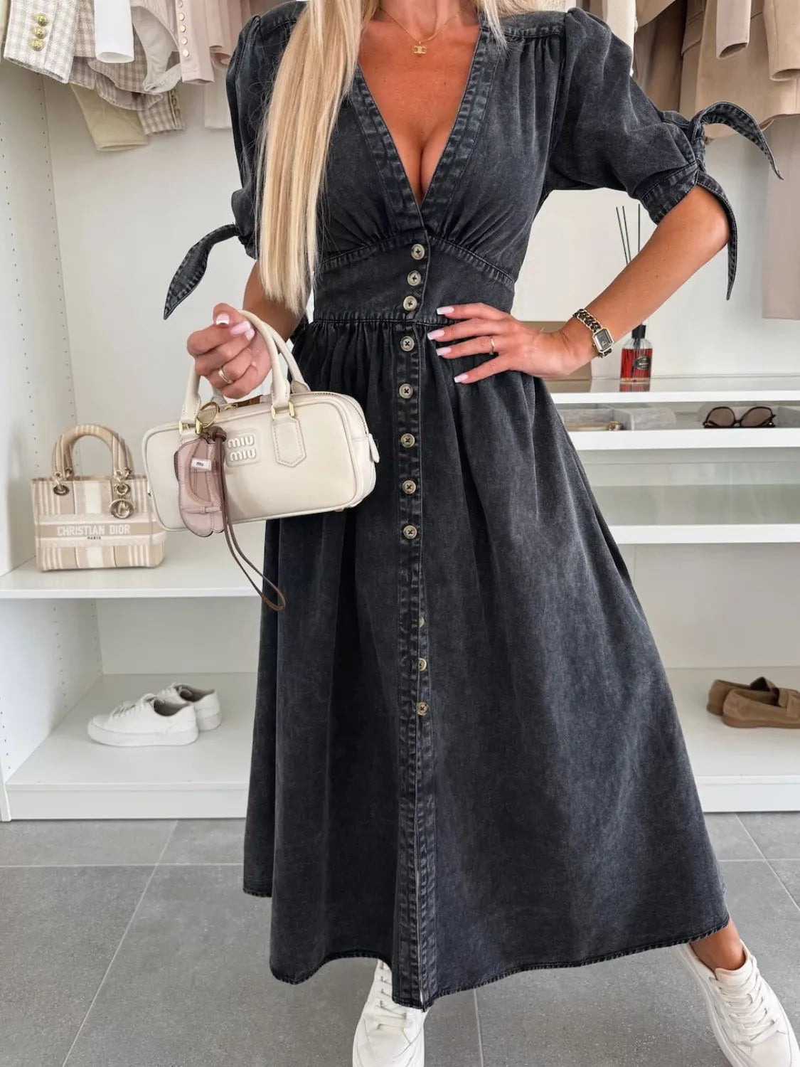 Button Front V-Neck Half Sleeve Denim Dress - Les secrets de Cath