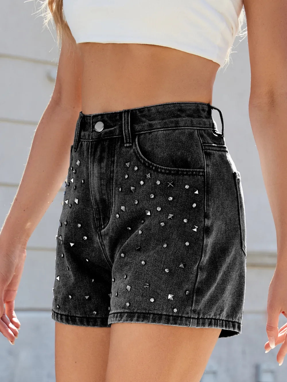 Rhinestone Washed High Waist Denim Shorts - Les secrets de Cath