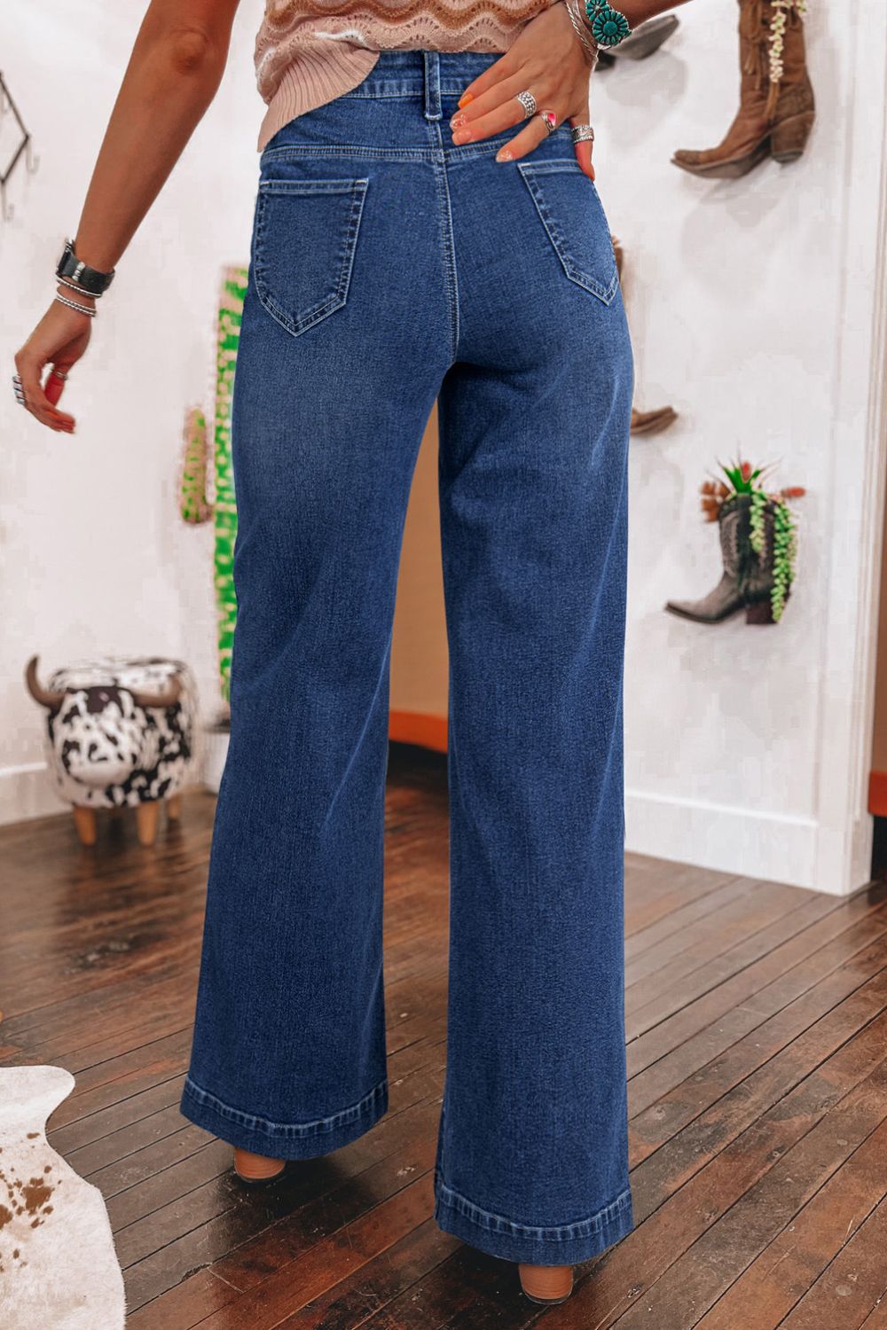 Jean large taille haute avec poche plaquée sur le devant - Les secrets de Cath