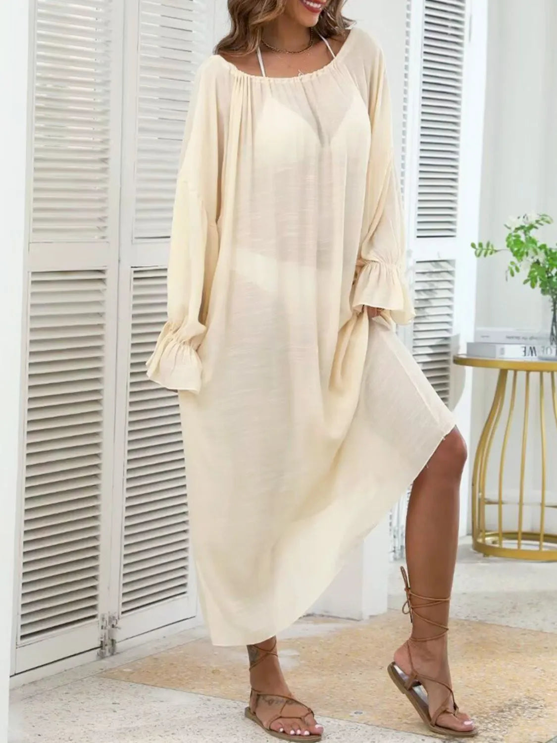 Backless Drawstring Back Flounce Sleeve Cover-Up - Les secrets de Cath