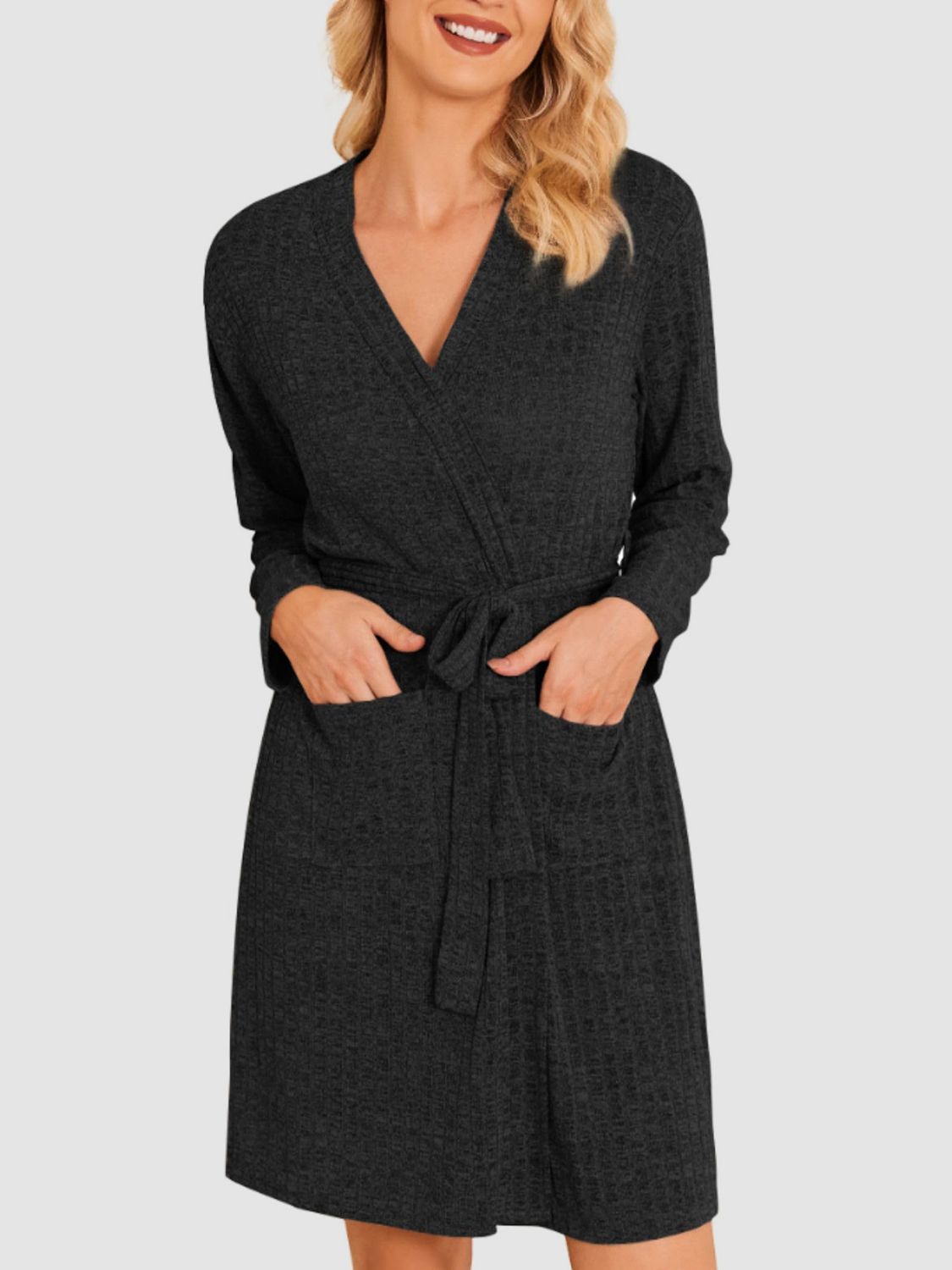 Tied Solid Lounge Nightgown with Pockets - Les secrets de Cath