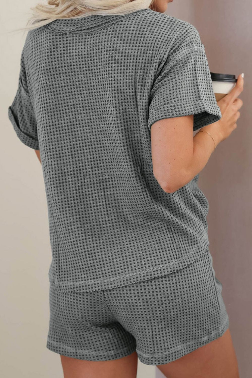 Waffle-Knit Short Sleeve Top and Shorts Lounge Set - Les secrets de Cath