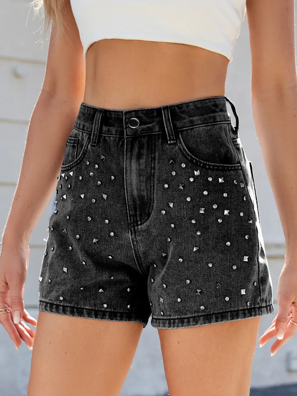 Rhinestone Washed High Waist Denim Shorts - Les secrets de Cath
