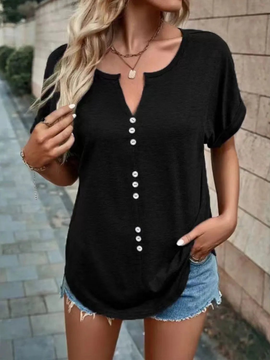 T-shirt à manches courtes cranté grande taille - Les secrets de Cath