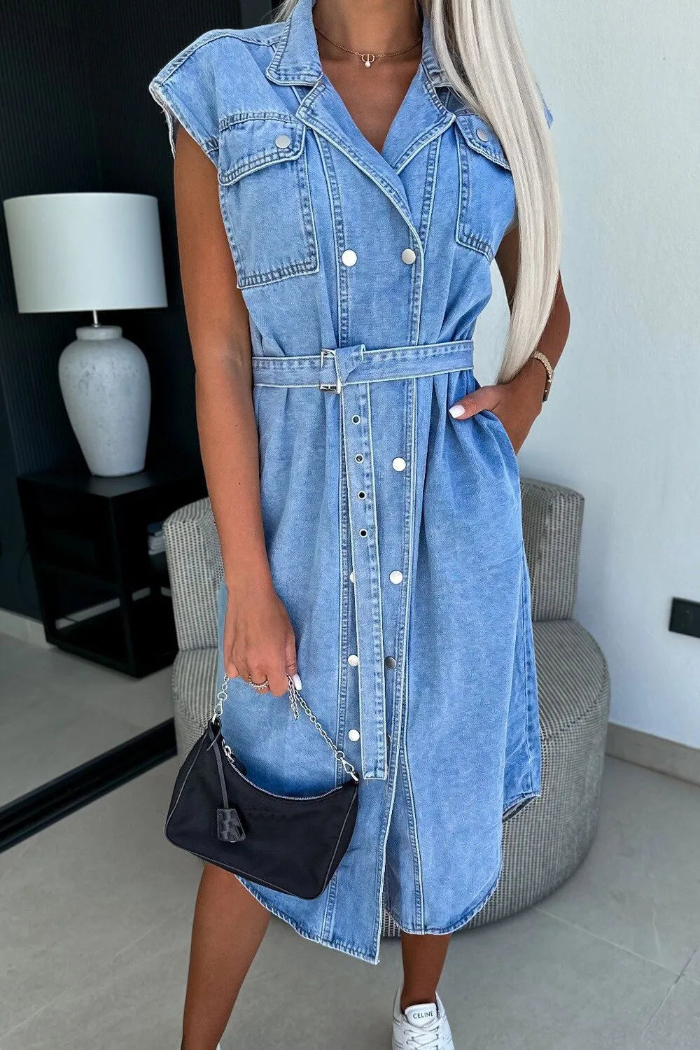 Button Front Denim Dress with Pockets - Les secrets de Cath