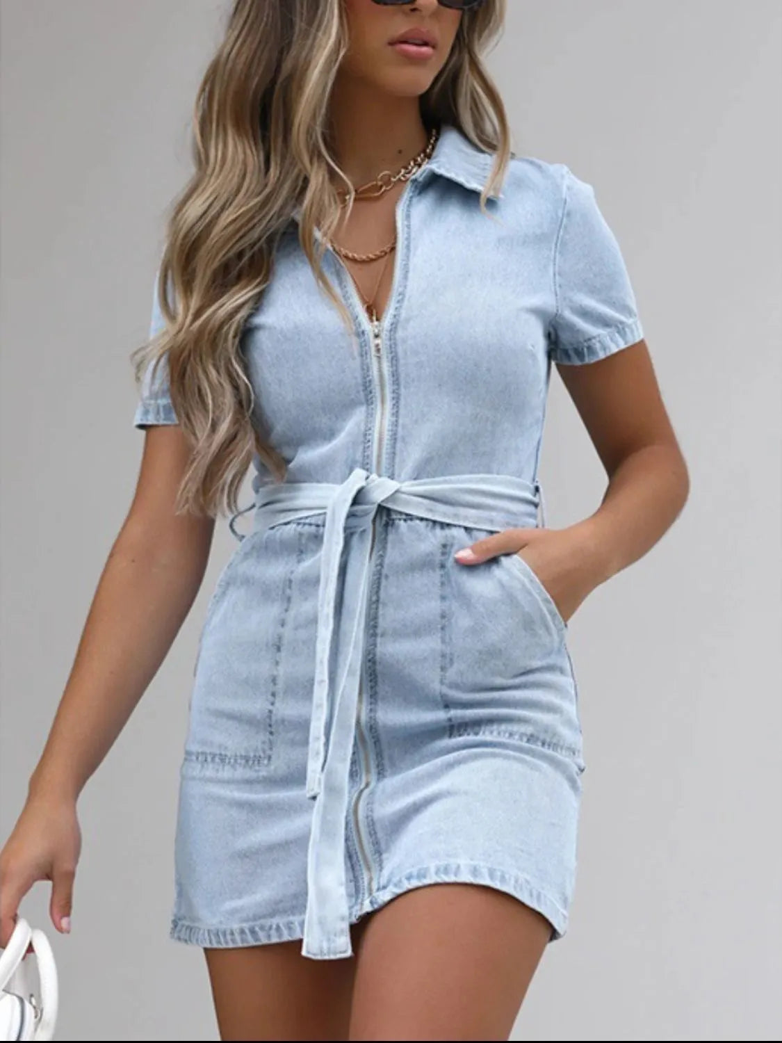 Full Size Zip Front Short Sleeve Denim Dress Plus Size - Les secrets de Cath