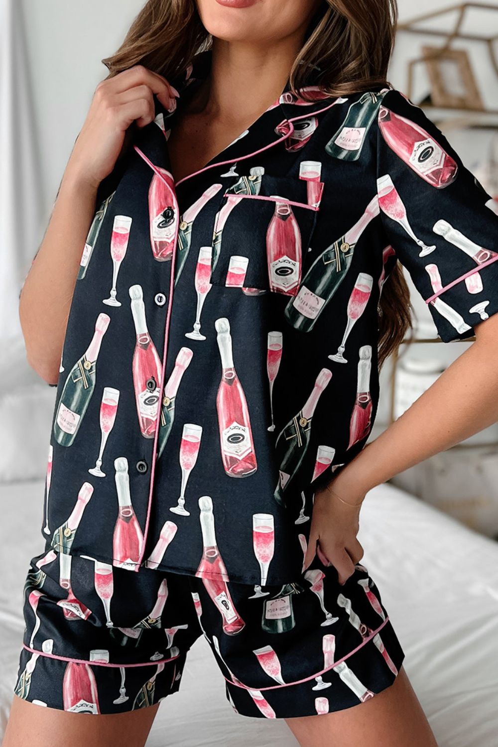 Champagne Print Short Sleeve Top and Shorts Set - Les secrets de Cath