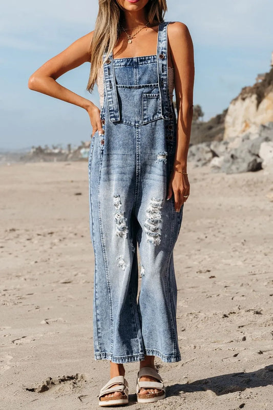 Distressed Bib Pocket Wide Leg Denim Overalls - Les secrets de Cath