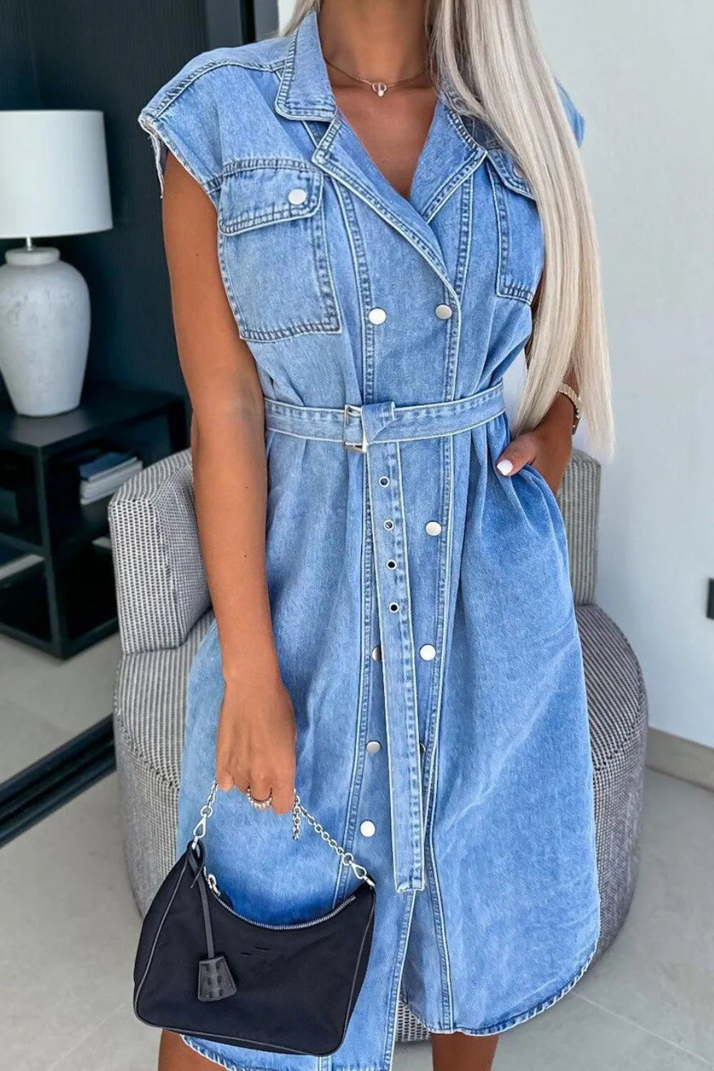 Button Front Denim Dress with Pockets - Les secrets de Cath