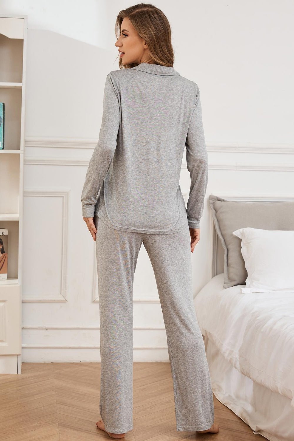 Button Up Long Sleeve Top and Pants Lounge Set - Les secrets de Cath