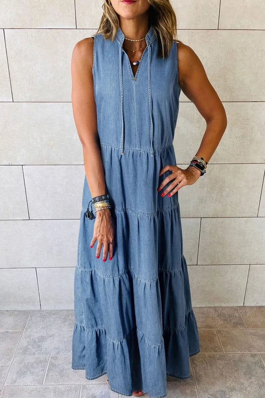 Tie Neck Tiered Maxi Denim Dress - Les secrets de Cath