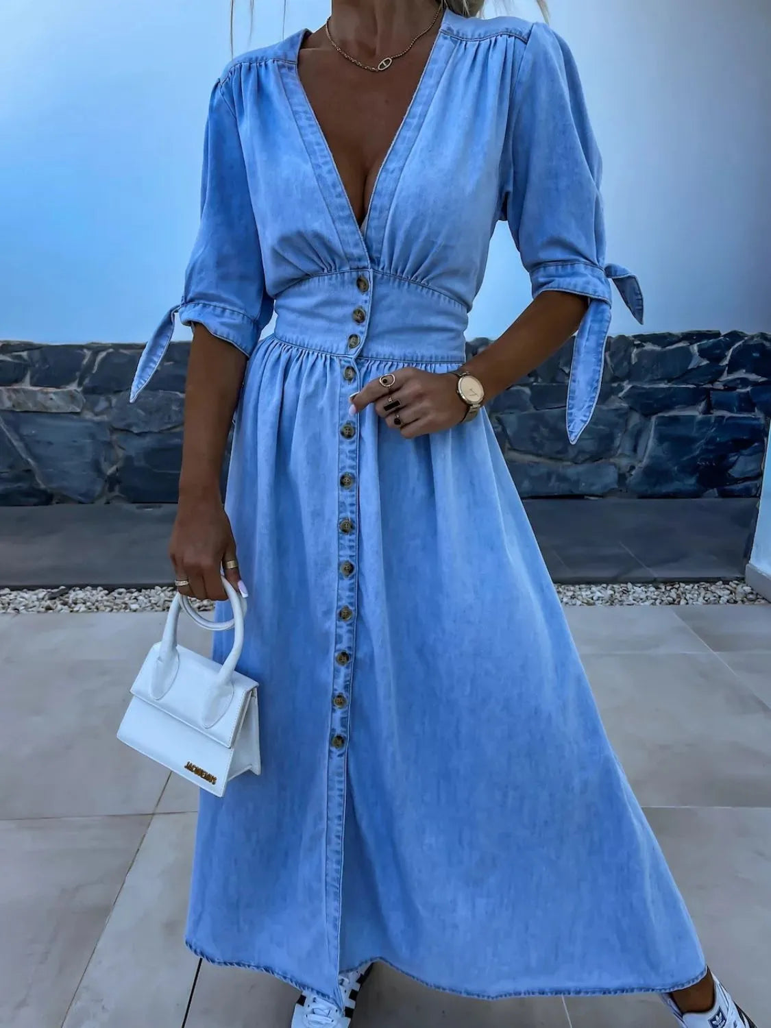 Button Front V-Neck Half Sleeve Denim Dress - Les secrets de Cath