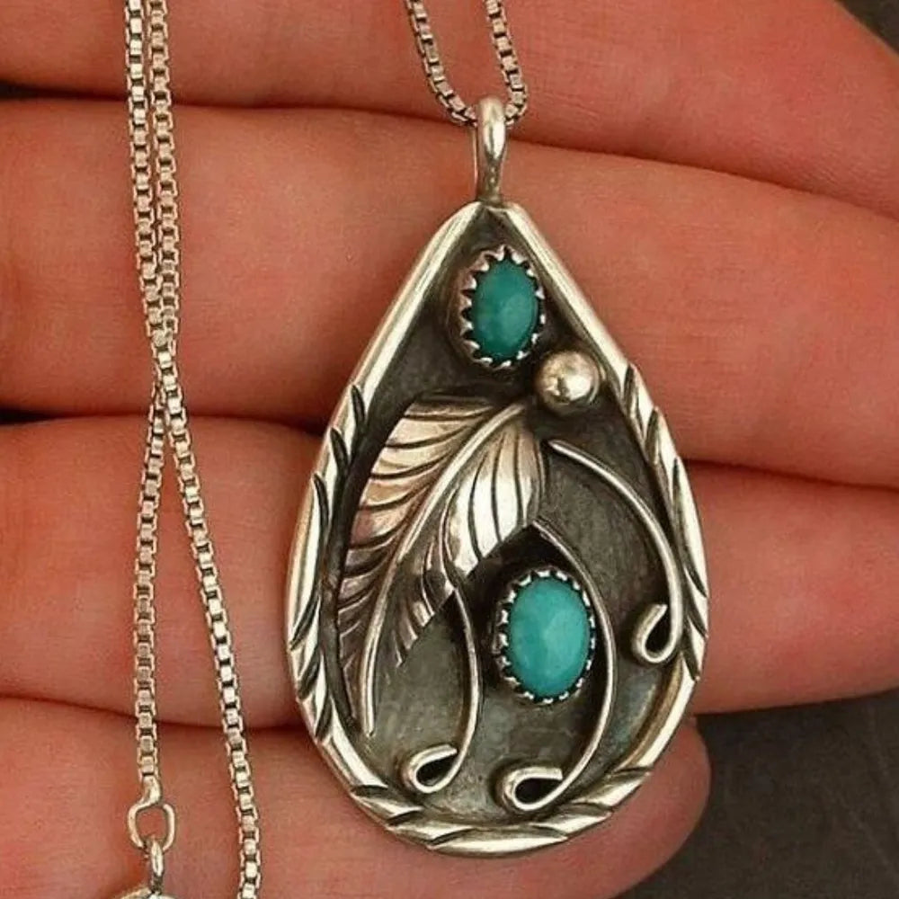 Collier avec pendentif en forme de larme en alliage de turquoise artificielle - Les secrets de Cath