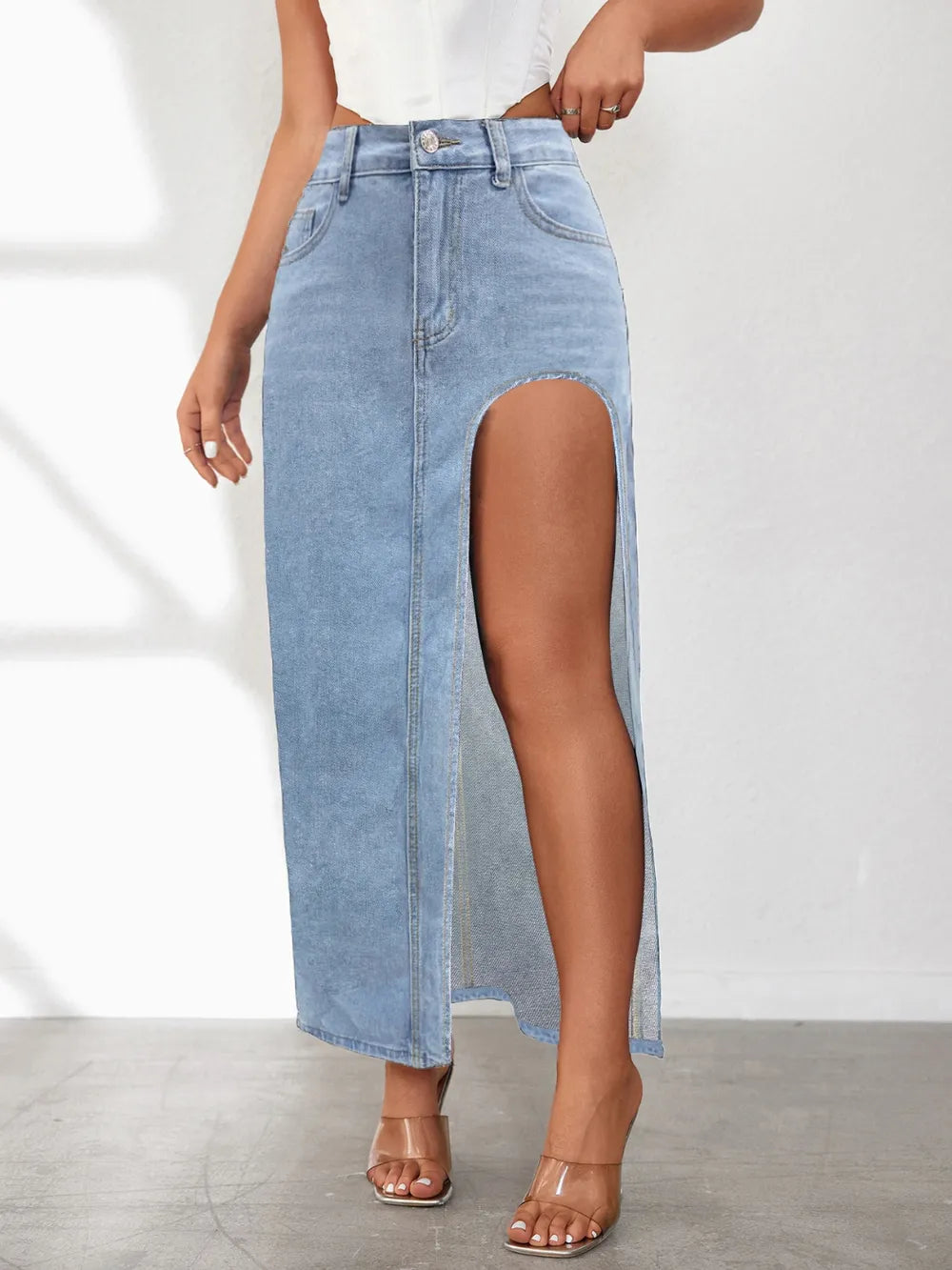 High Rise Slit Denim Skirt - Les secrets de Cath