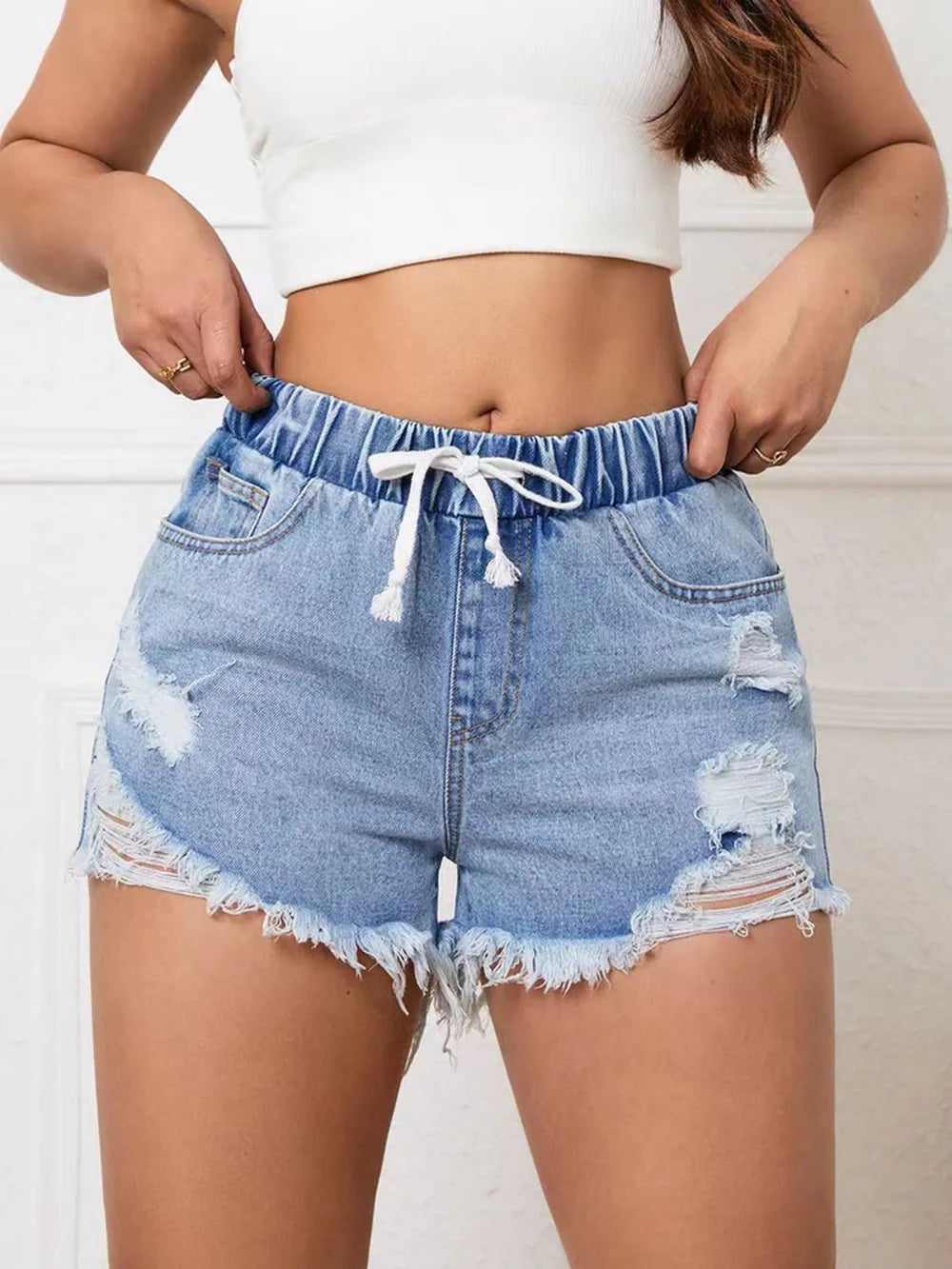 Distressed Drawstring Raw Hem Denim Shorts - Les secrets de Cath