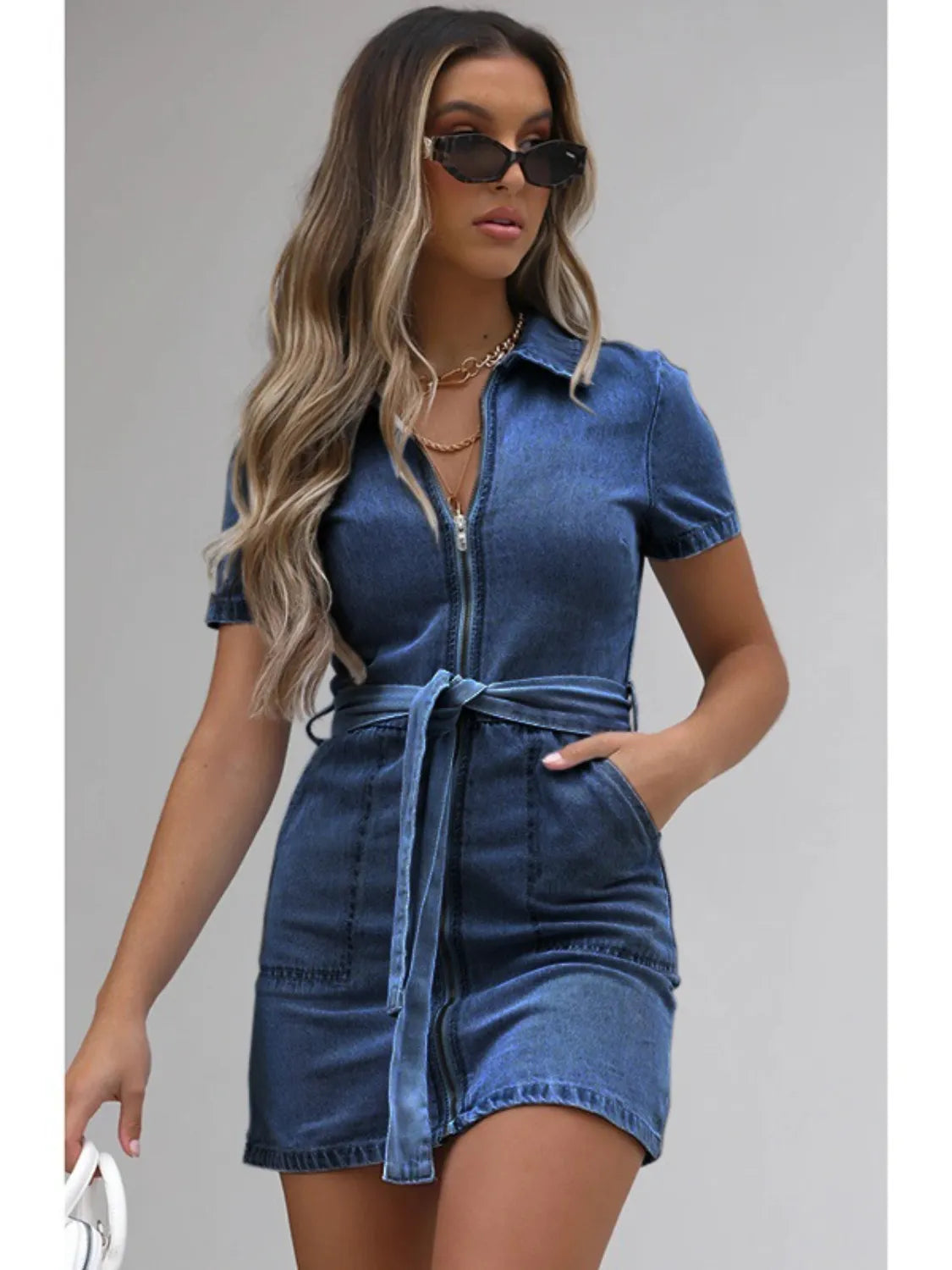 Full Size Zip Front Short Sleeve Denim Dress Plus Size - Les secrets de Cath