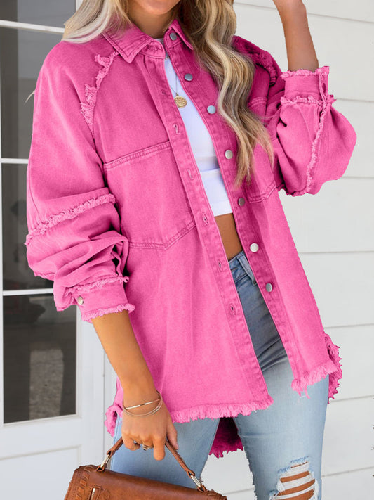 Button Down Raw Hem Denim Jacket - Les secrets de Cath