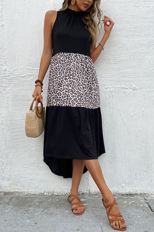 Robe longue sans manches à imprimé léopard contrasté Perfee - Les secrets de Cath