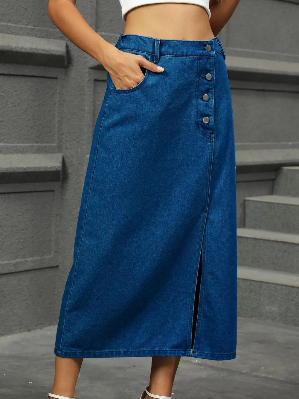 Slit Button Detail Denim Midi Skirt - Les secrets de Cath