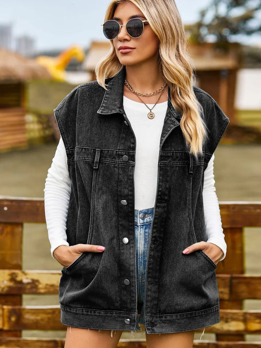 Button Up Collared Neck Sleeveless Denim Jacket - Les secrets de Cath