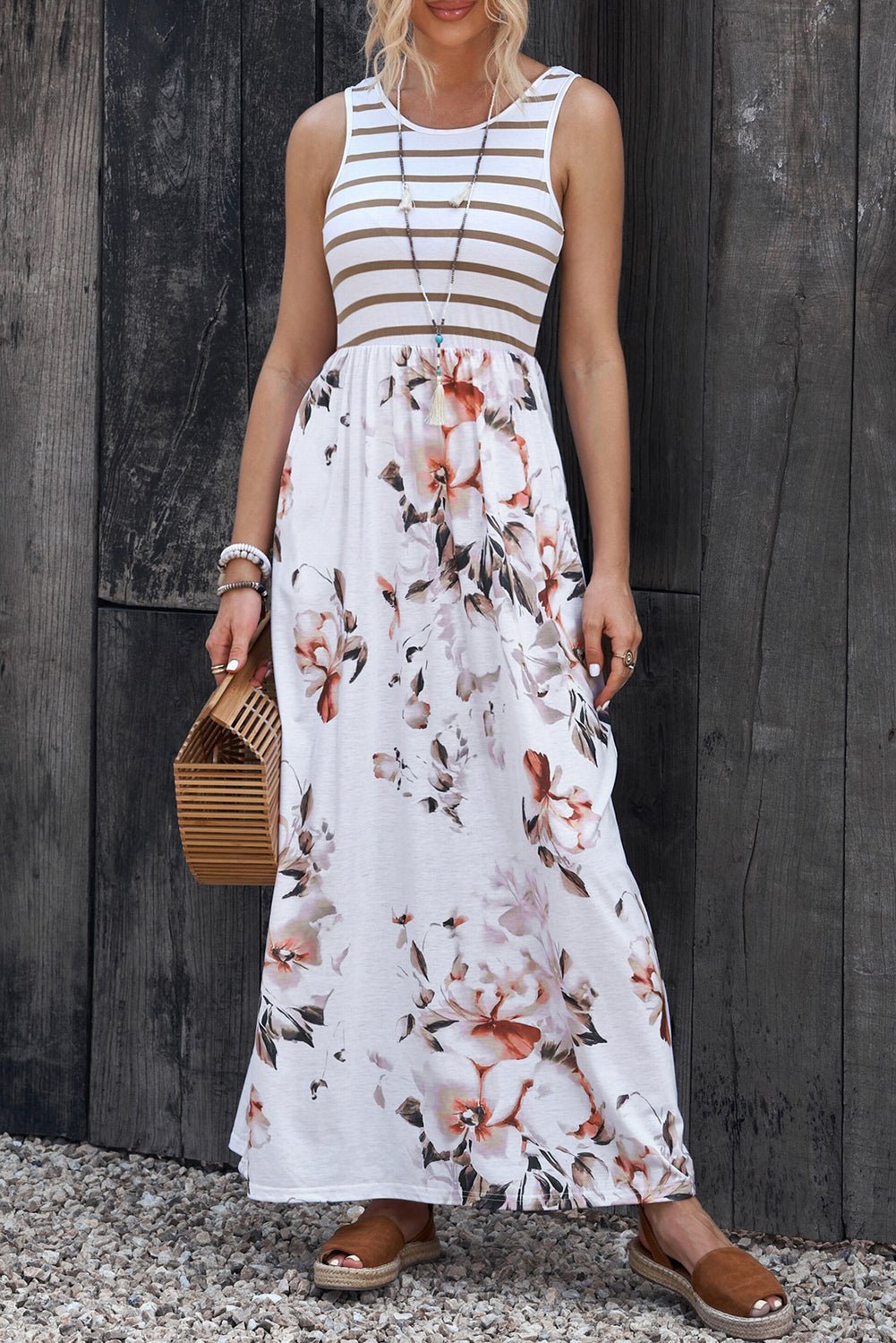 Robe longue sans manches à rayures et à fleurs, col rond - Les secrets de Cath
