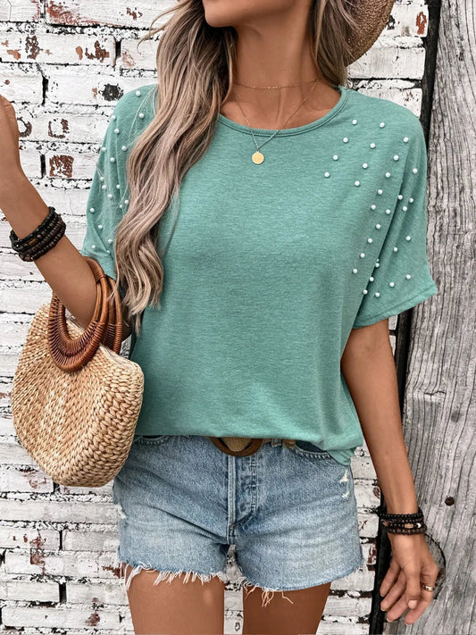 T-shirt à manches courtes et col rond avec détails en perles - Les secrets de Cath