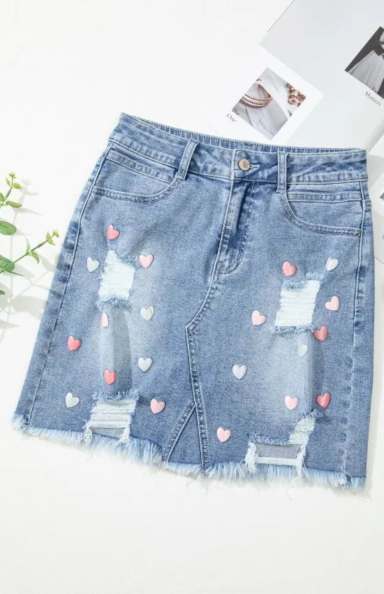 Distressed Raw Hem Heart Denim Skirt - Les secrets de Cath