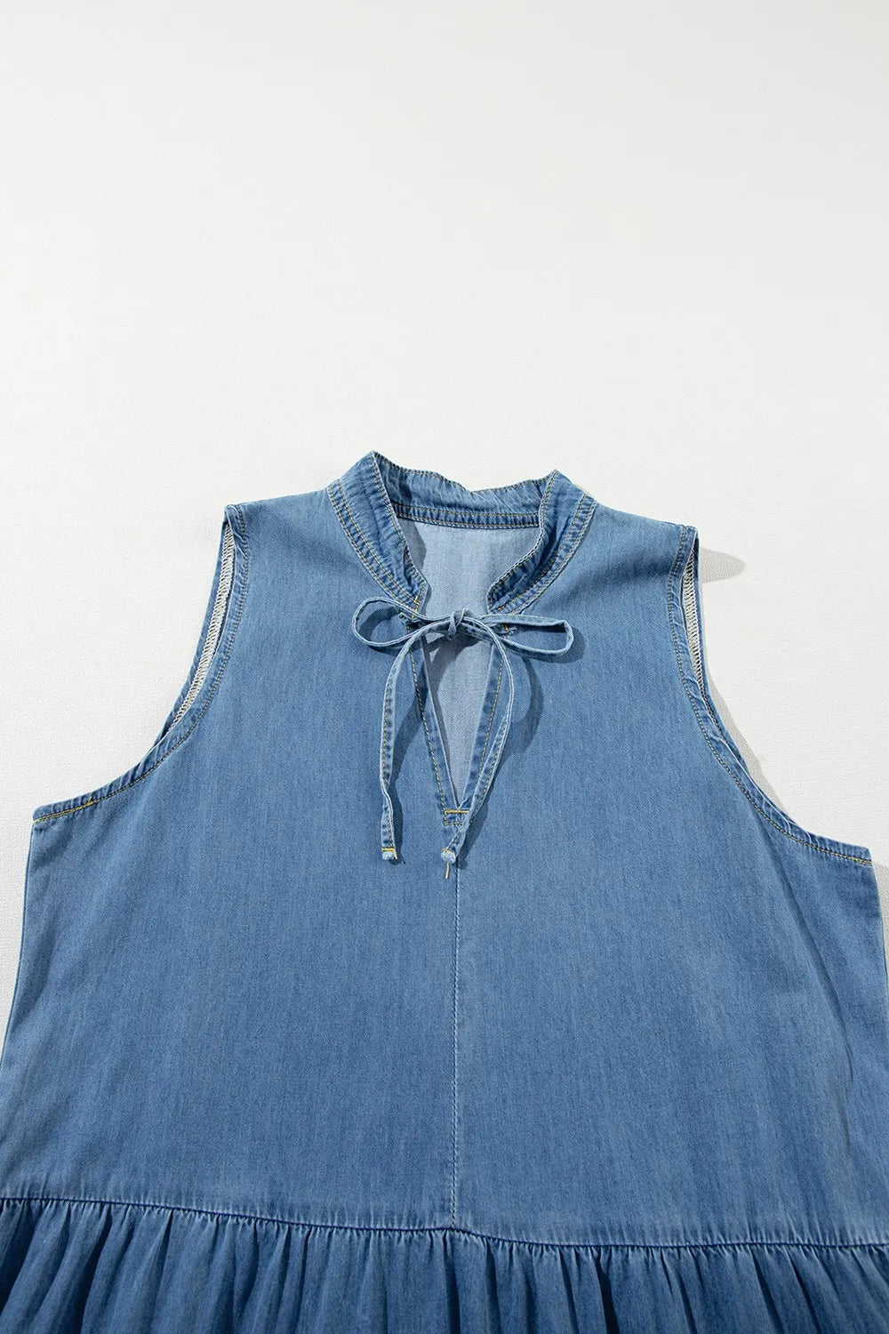 Tie Neck Tiered Maxi Denim Dress - Les secrets de Cath
