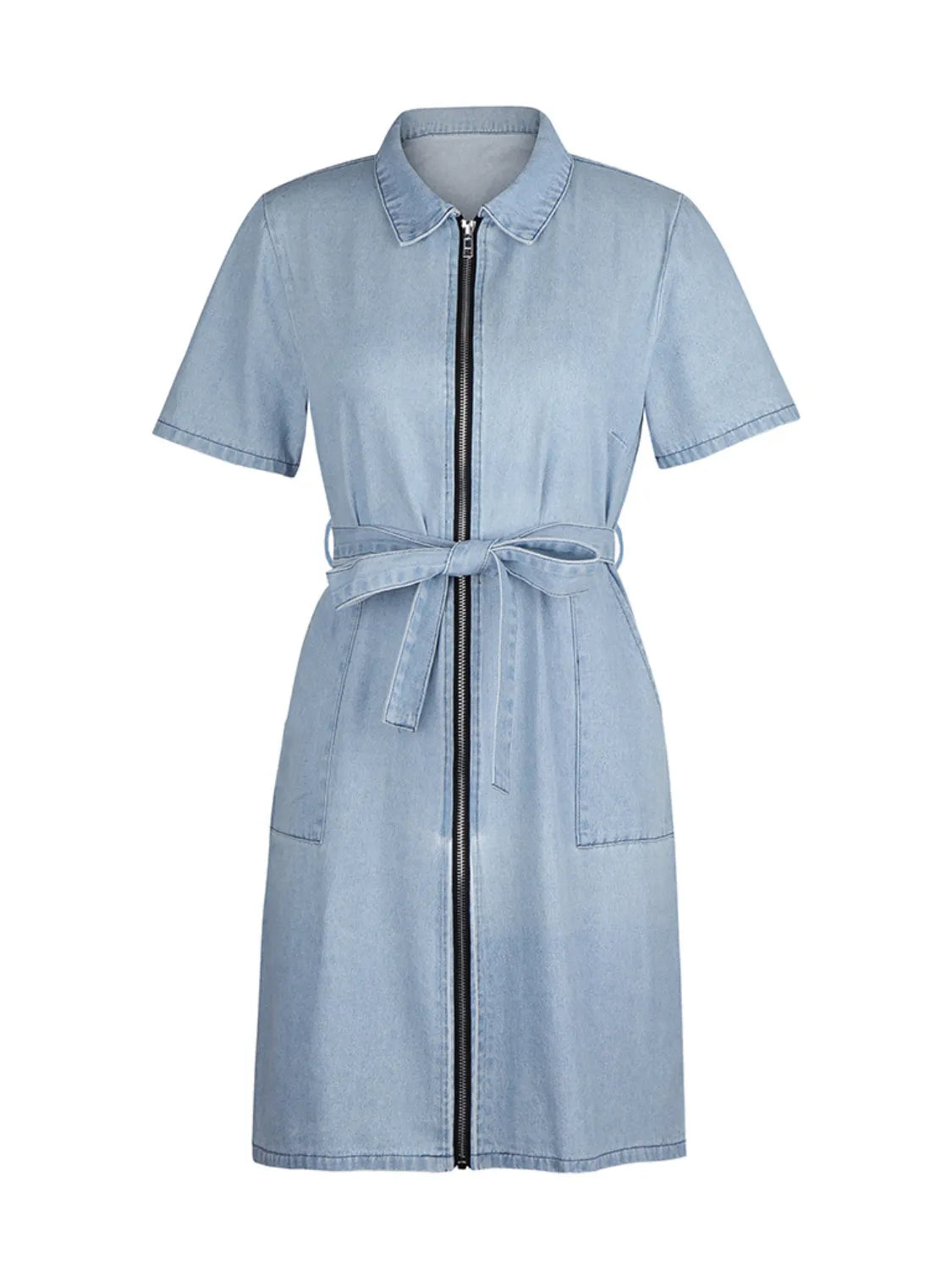 Full Size Zip Front Short Sleeve Denim Dress Plus Size - Les secrets de Cath