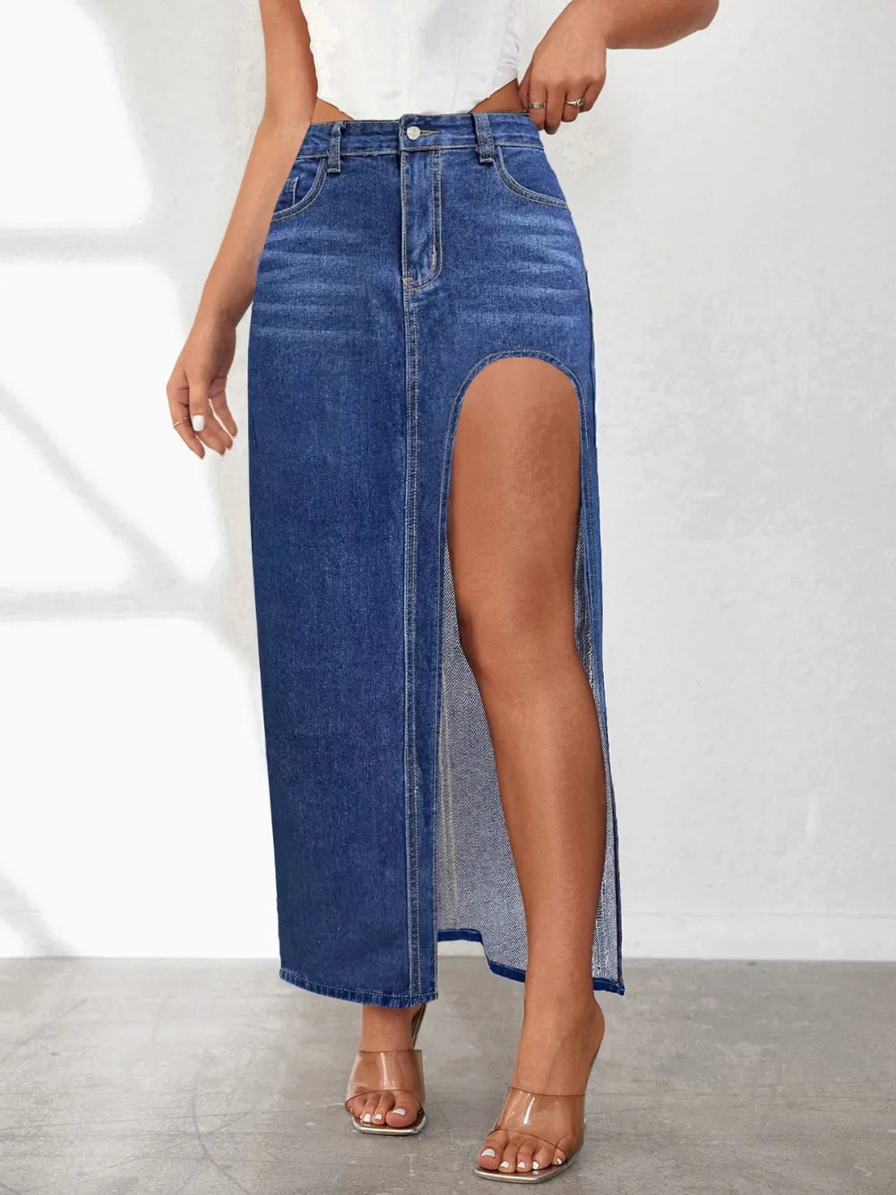 High Rise Slit Denim Skirt - Les secrets de Cath