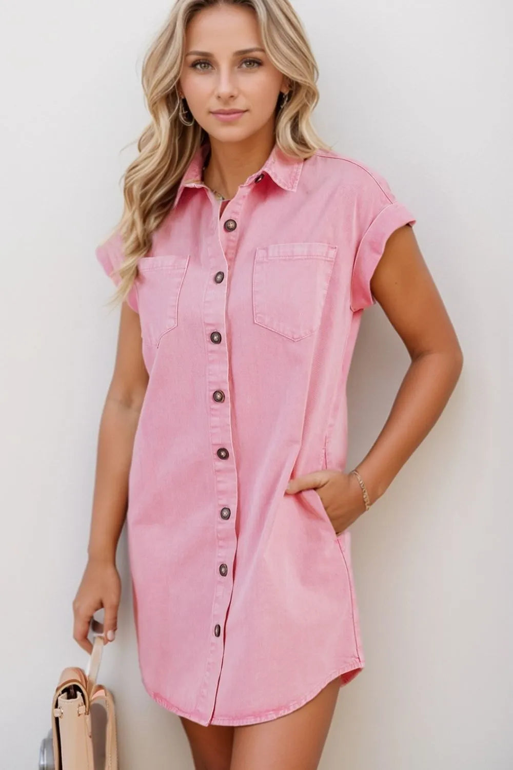 Button Down Short Sleeve Denim Dress - Les secrets de Cath