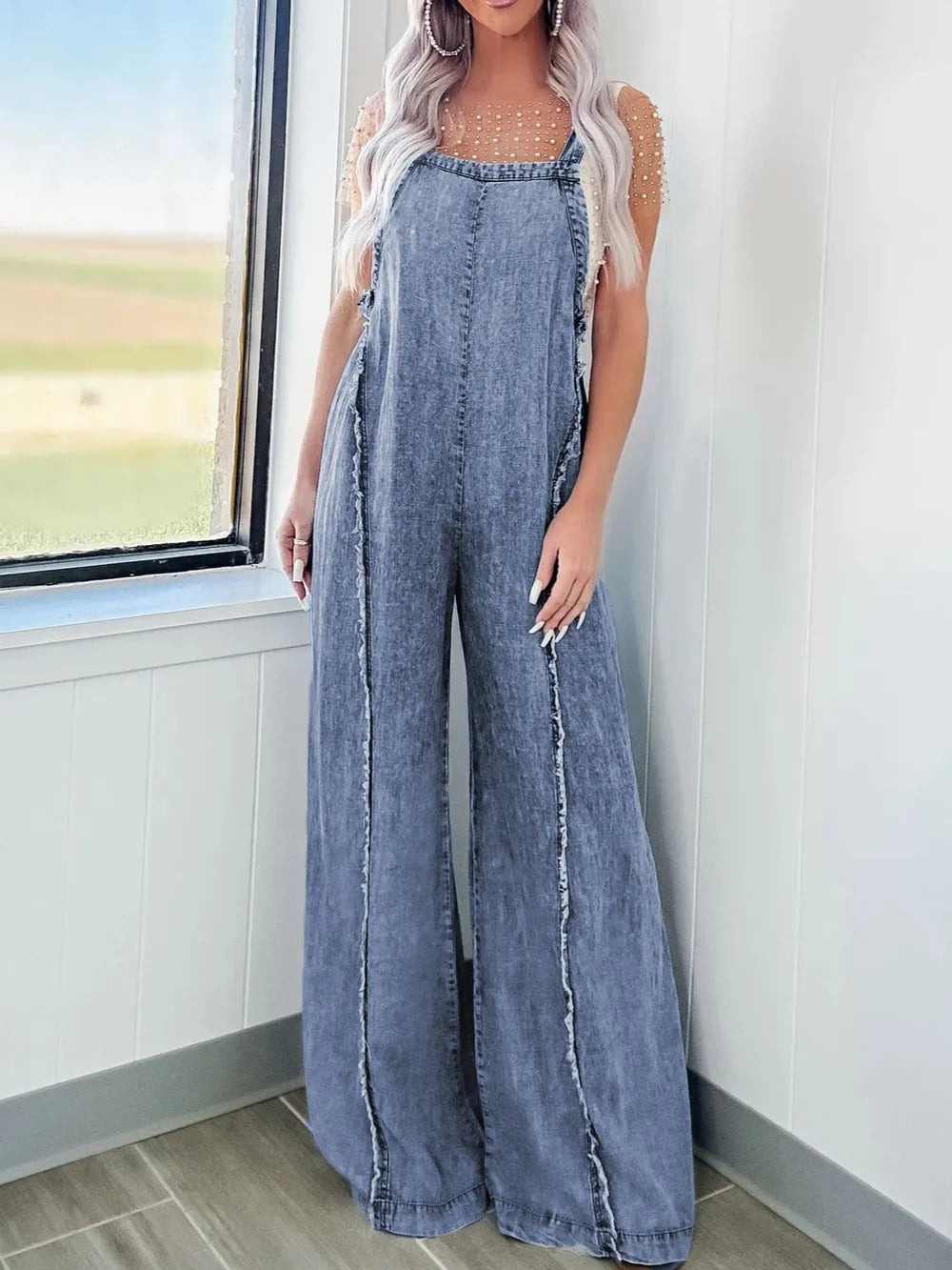 Exposed Seam Washed Wide Leg Denim Overalls - Les secrets de Cath