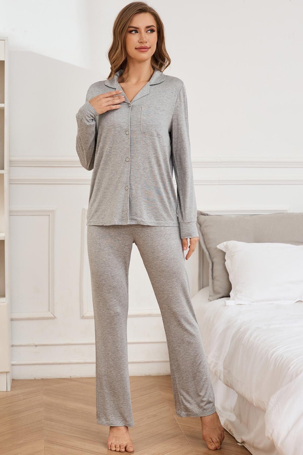 Button Up Long Sleeve Top and Pants Lounge Set - Les secrets de Cath