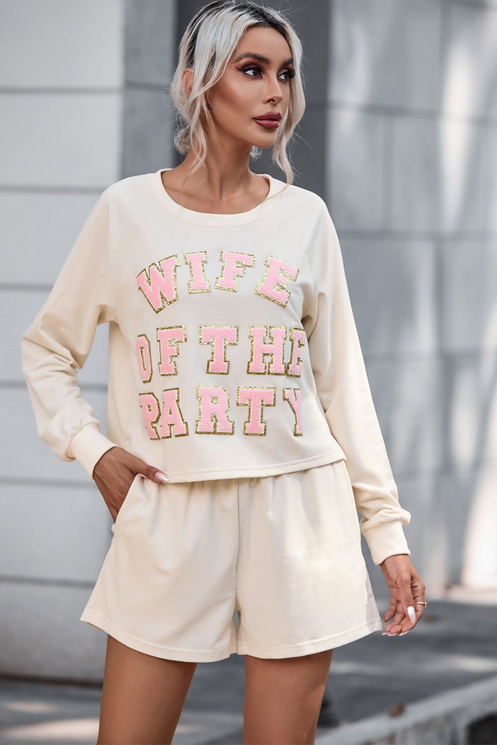 WIFE OF THE PARTY Round Neck Top and Shorts Set - Les secrets de Cath